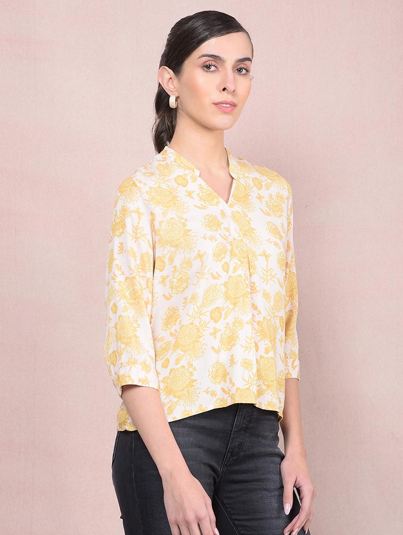 women yellow floral print mandarin neck top - 21957048 - Standard Image - 2