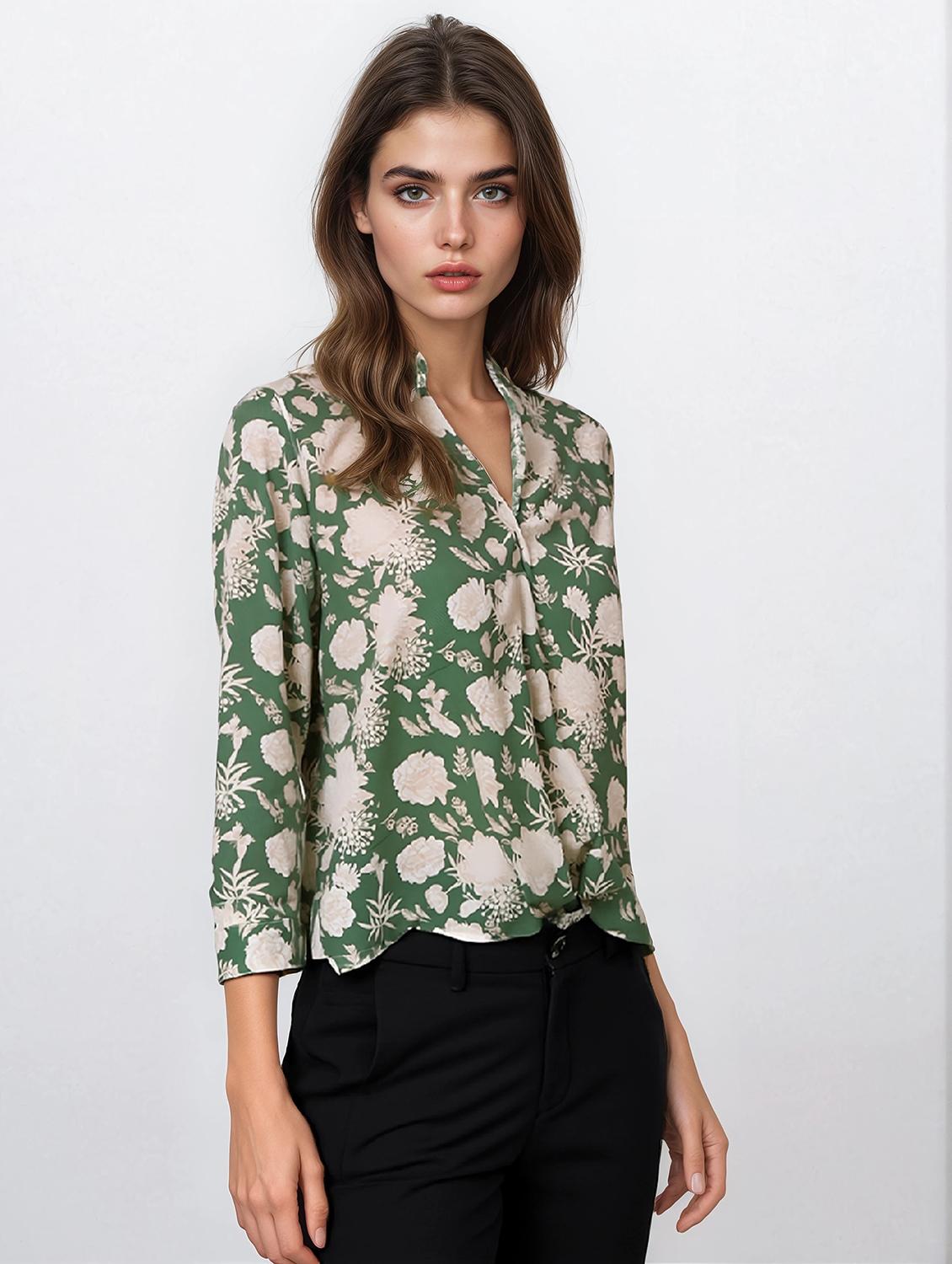 women green floral print mandarin neck top - 21957049 - Standard Image - 2