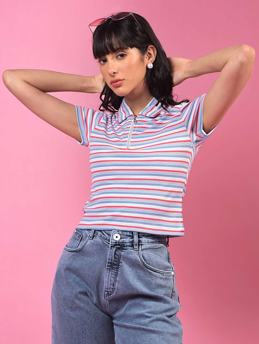 women striped sleeveless regular fit polo t-shirt