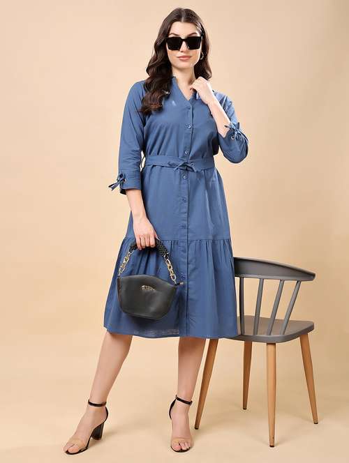 women blue solid collared tiered dress - 21957080 -  Standard Image - 0