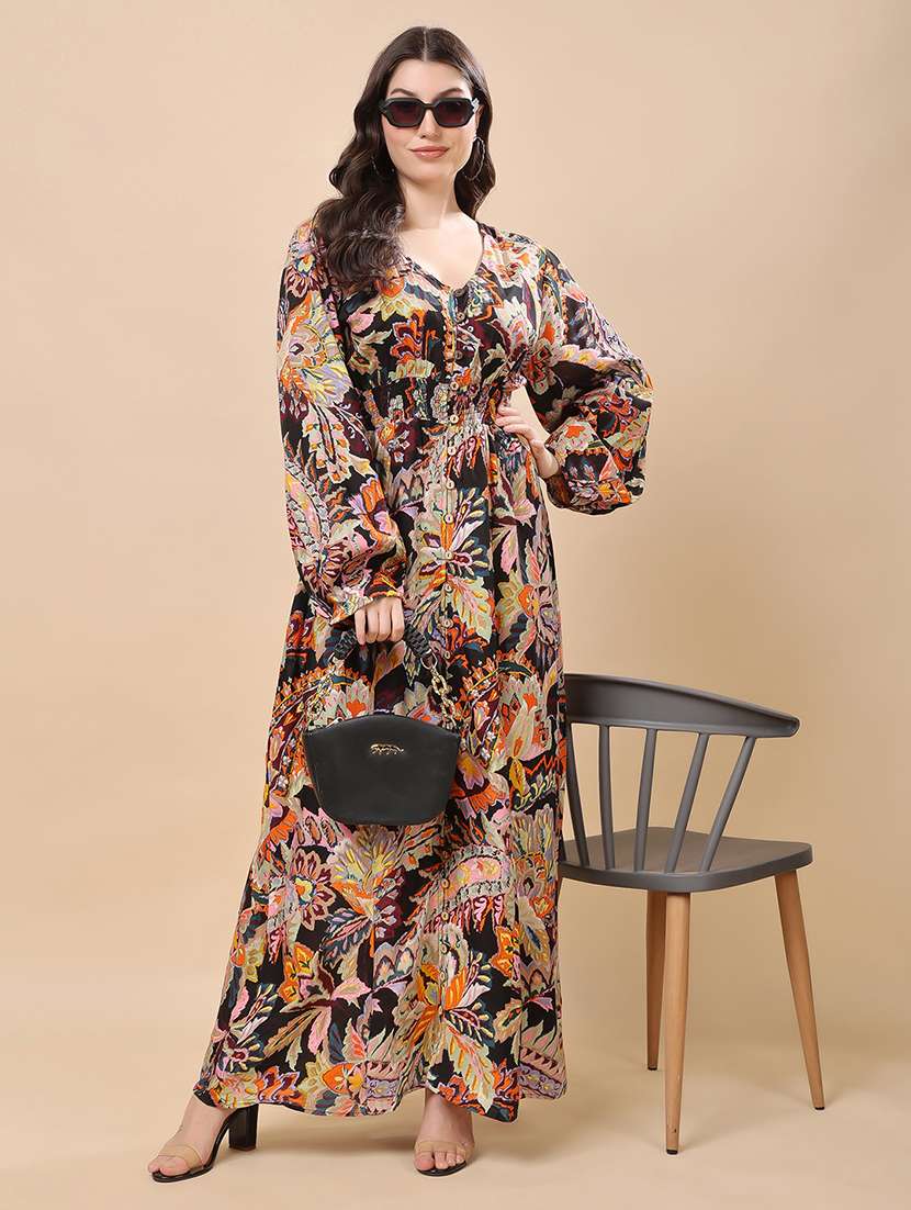 women plus size printed bell sleeve a-line dress