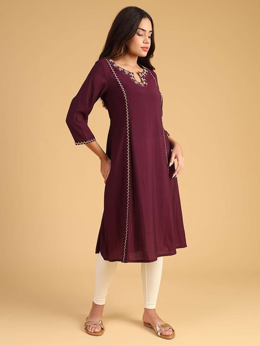 women embroidered three quarter sleeve a-line kurta - 21957338 -  Standard Image - 2