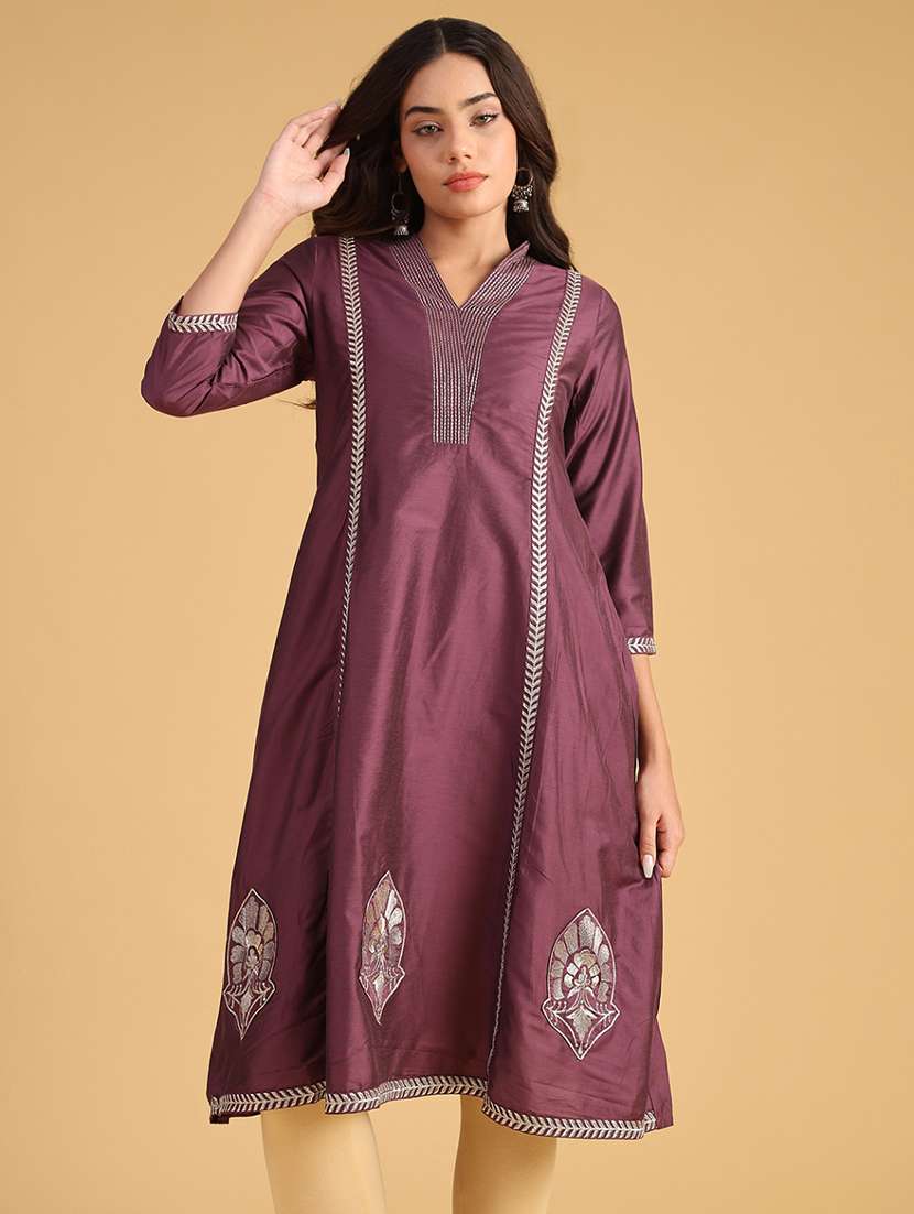 women embroidered three quarter sleeve a-line kurta