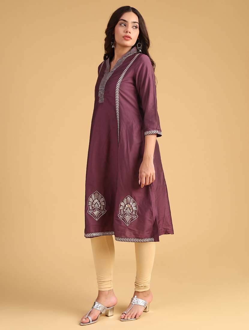 women embroidered three quarter sleeve a-line kurta - 21957339 -  Standard Image - 2