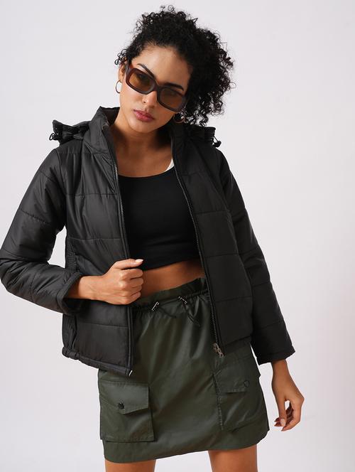 women black mock neck front zip closure reversible winter wear puffer jacket with detachable hoodie  - 21957769 -  Standard Image - 0