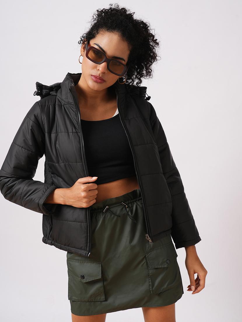 women black mock neck front zip closure reversible winter wear puffer jacket with detachable hoodie  - 21957769 -  Zoom Image - 0