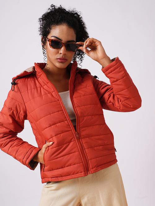women rust mock neck with attached hoodie zip closure reversible winter wear puffer jacket - 21957770 -  Standard Image - 0