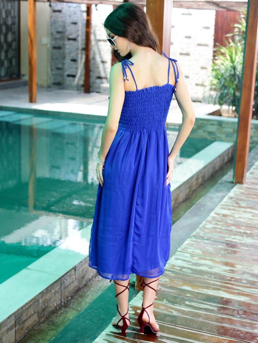 women blue solid shoulder strap fit & flare dress - 21957790 - Standard Image - 2
