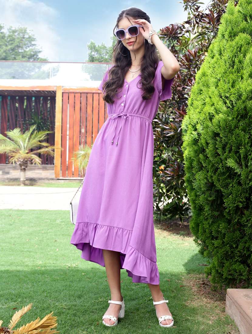 women lavender solid short sleeve high low dress