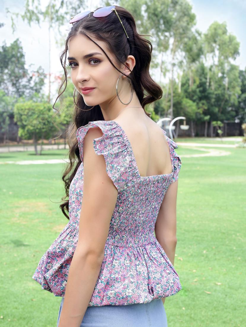 women floral print ruffle sleeve peplum top - 21957860 - Standard Image - 2