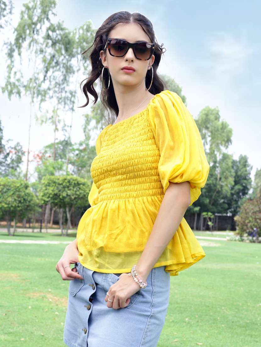 women solid smocked detailed puff sleeve peplum top