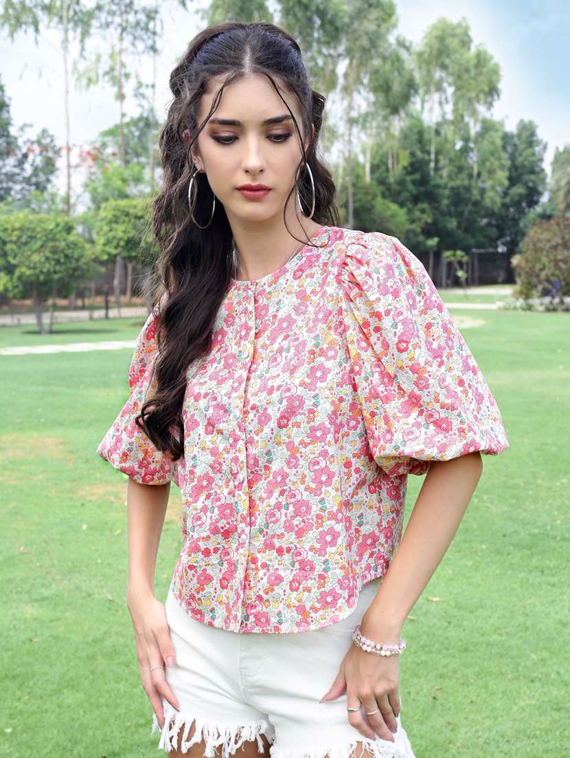 floral print regular fit cotton puff top
