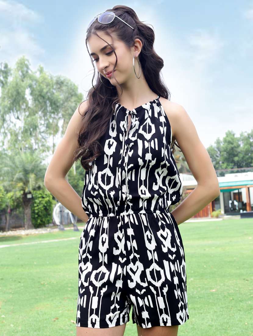 women black printed halter neck sleeveless romper