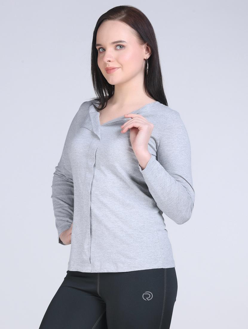women grey solid long sleeve regular top - 21957874 - Standard Image - 2