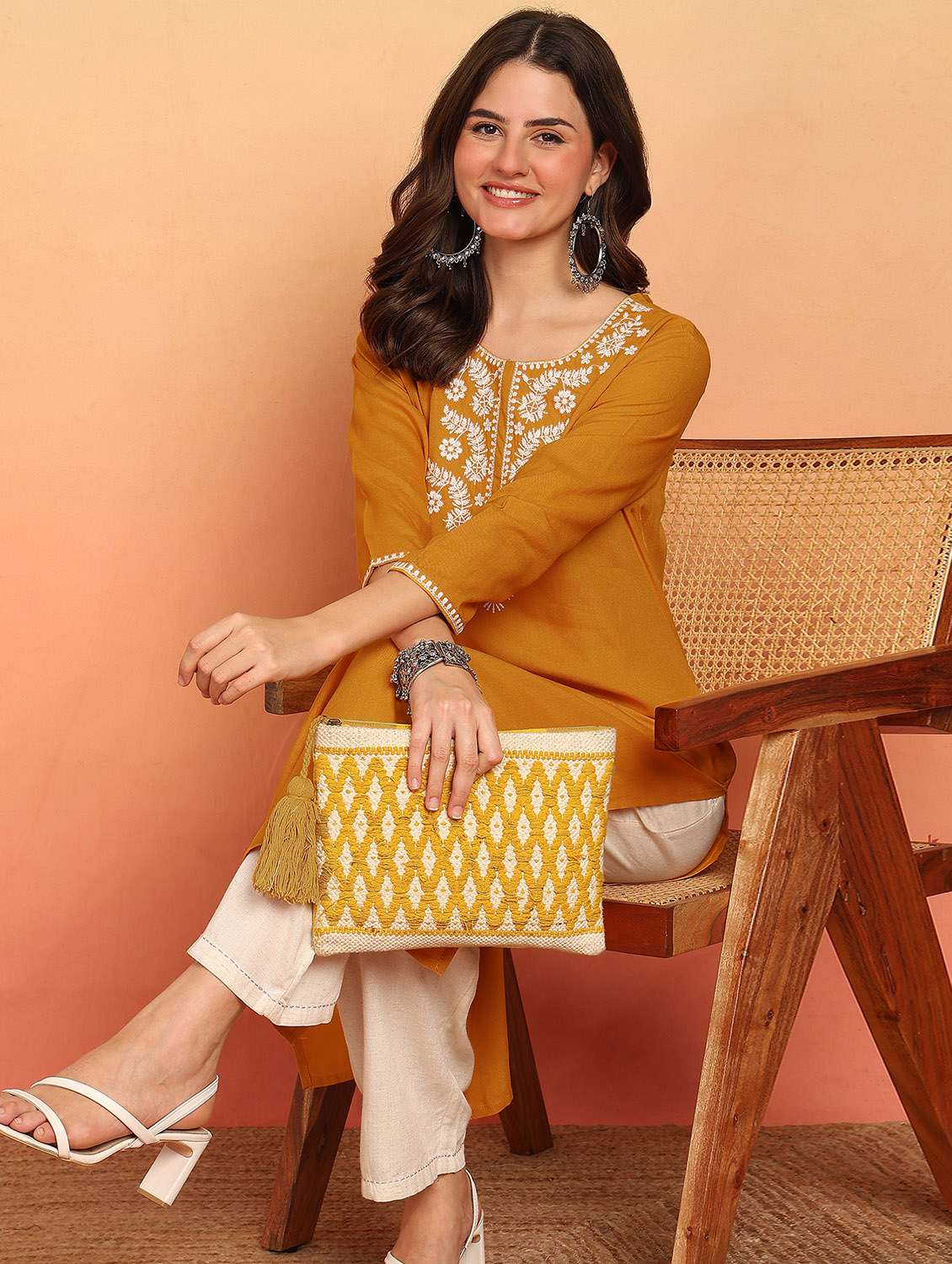 women embroidered three quarter sleeve straight kurta - 21957889 -  Standard Image - 2