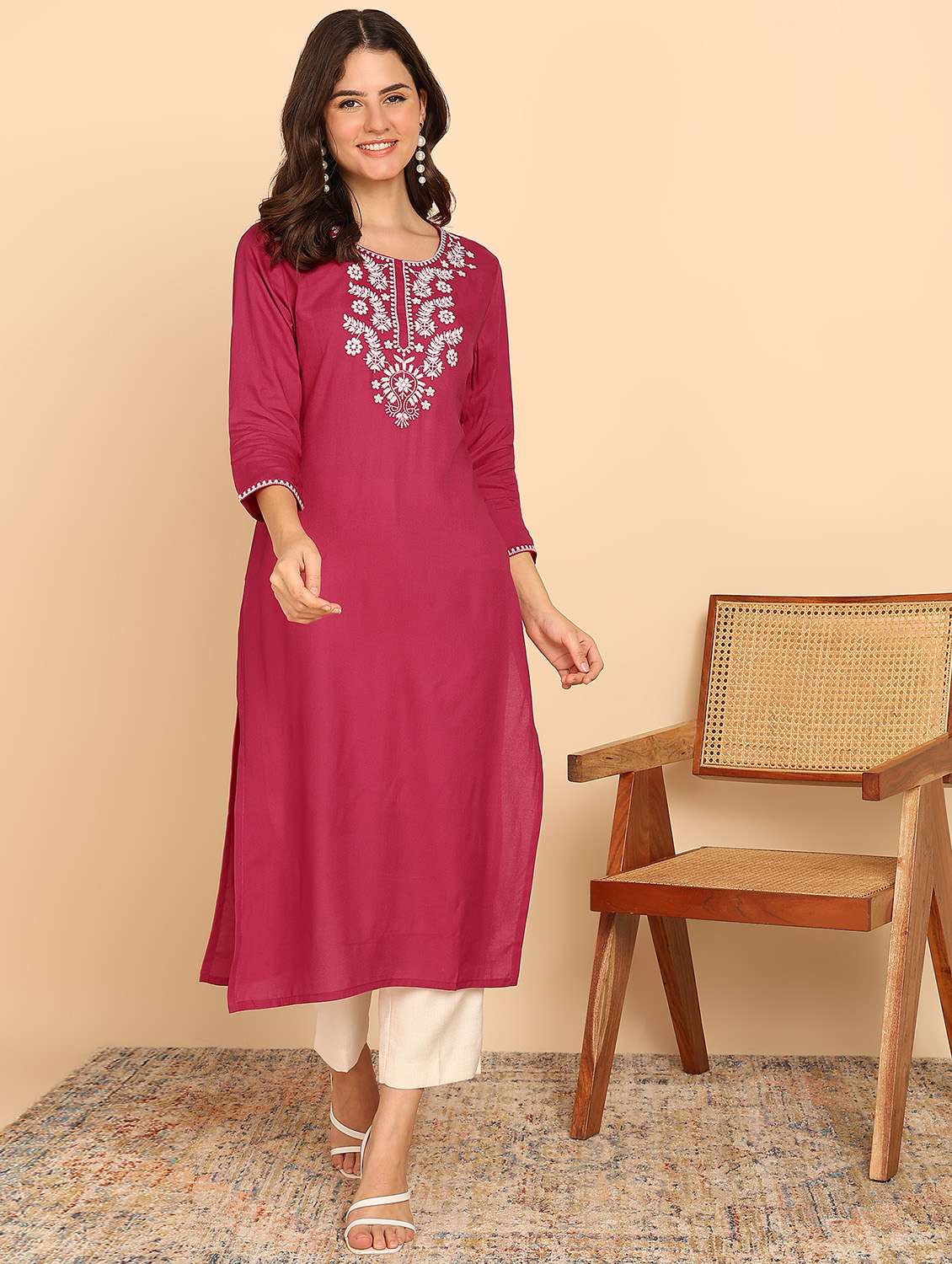 women embroidered three quarter sleeve straight kurta - 21957890 -  Standard Image - 2