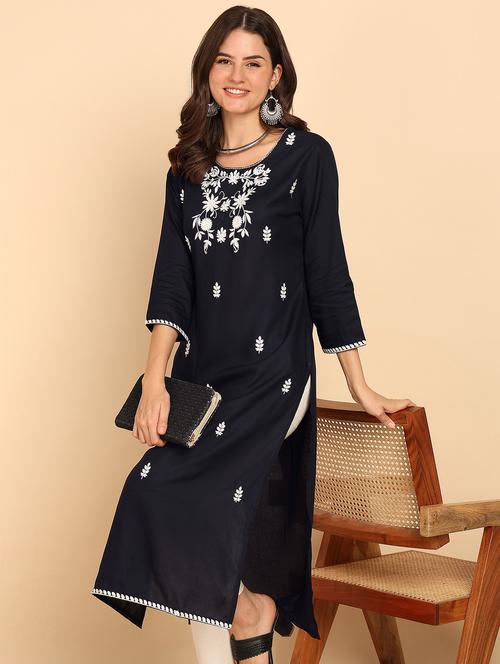 women embroidered three quarter sleeve straight kurta - 21957891 -  Standard Image - 0