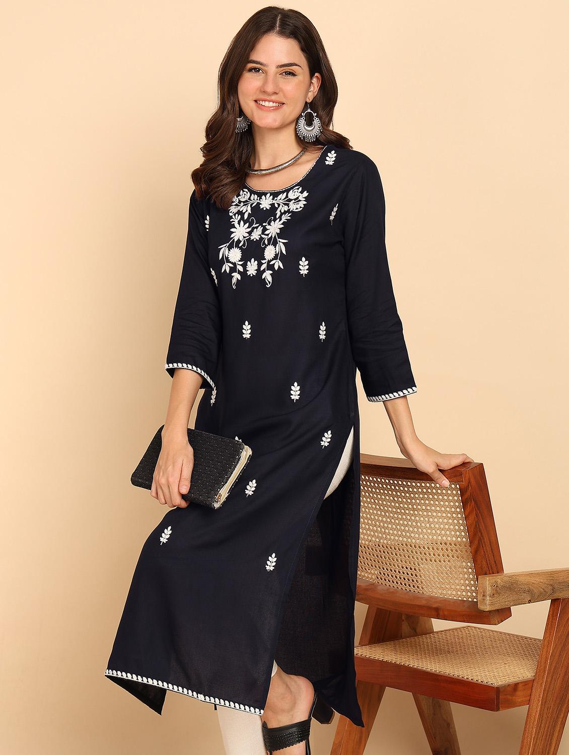 women embroidered three quarter sleeve straight kurta - 21957891 -  Zoom Image - 0