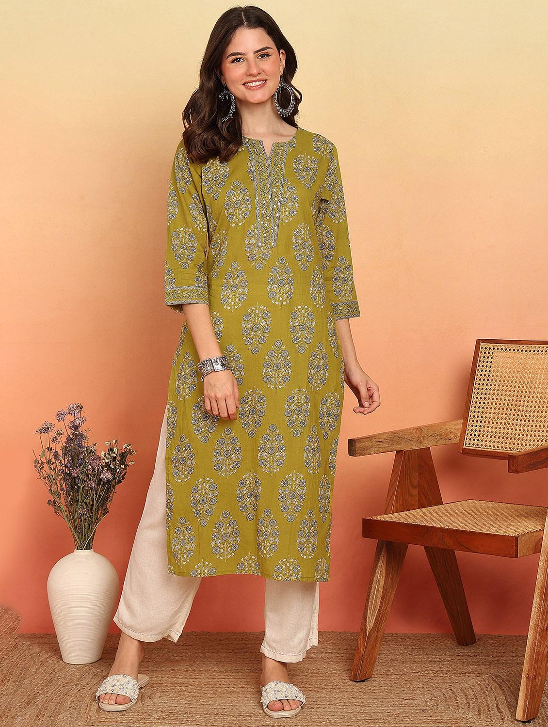 women three quarter sleeve straight kurta - 21957896 - Standard Image - 2