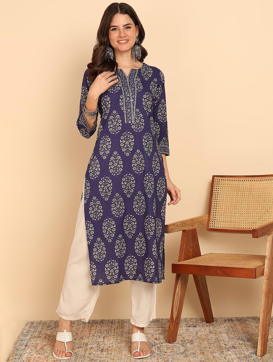 women three quarter sleeve straight kurta - 21957897 - Standard Image - 2