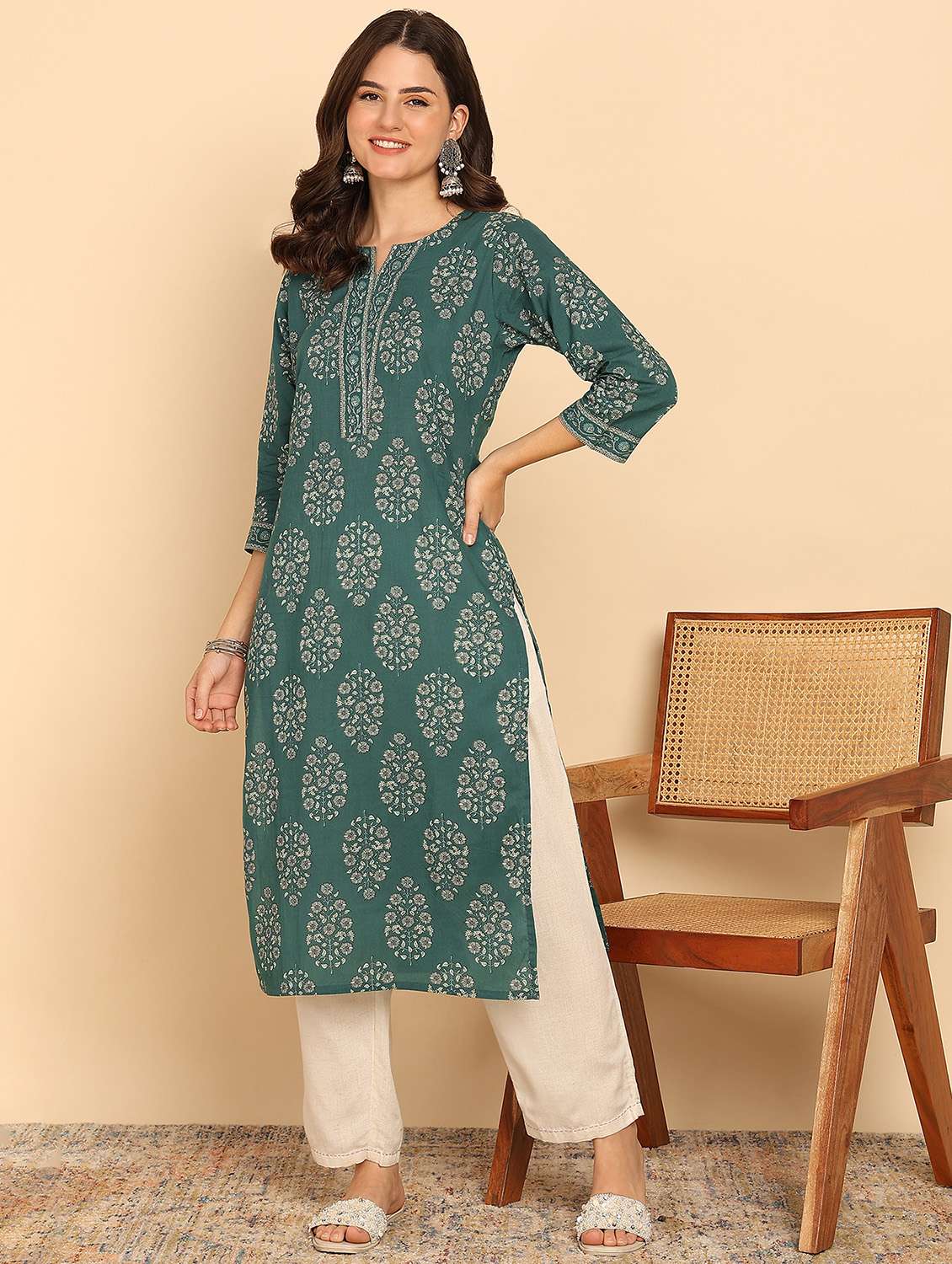 women three quarter sleeve straight kurta - 21957898 -  Standard Image - 2