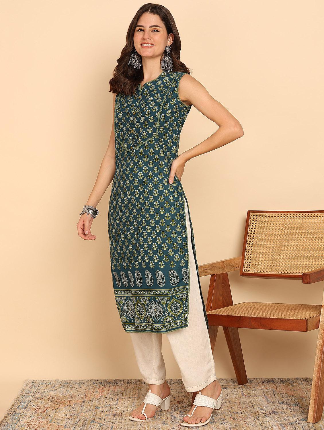 women floral printed sleeveless straight kurta - 21957920 - Standard Image - 2