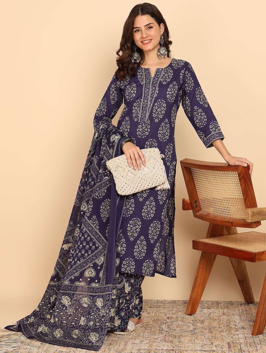 women three quarter sleeve kurta palazzo with dupatta set