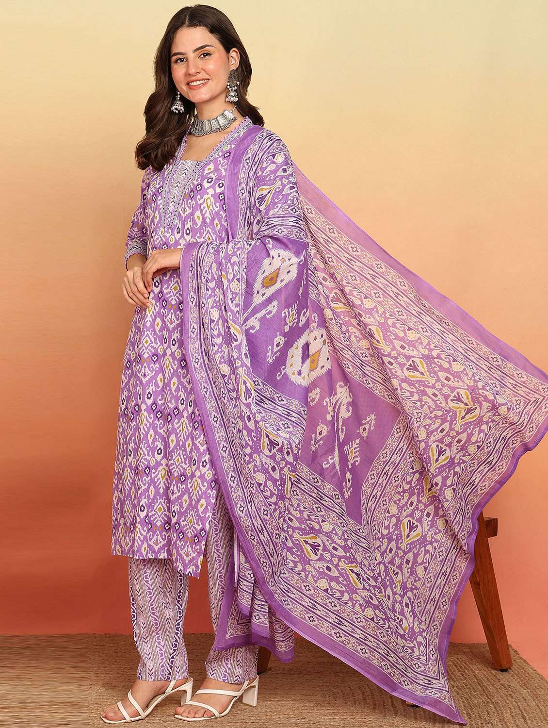 women three quarter sleeve kurta pant with dupatta set - 21957935 -  Standard Image - 2