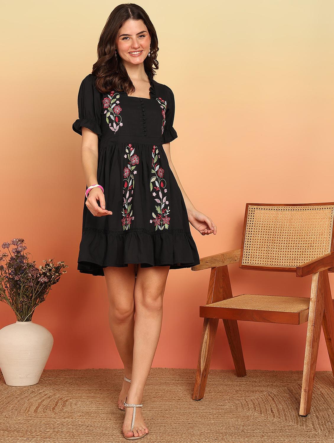 women black embroidered puff sleeve fit & flare dress - 21957938 - Standard Image - 2