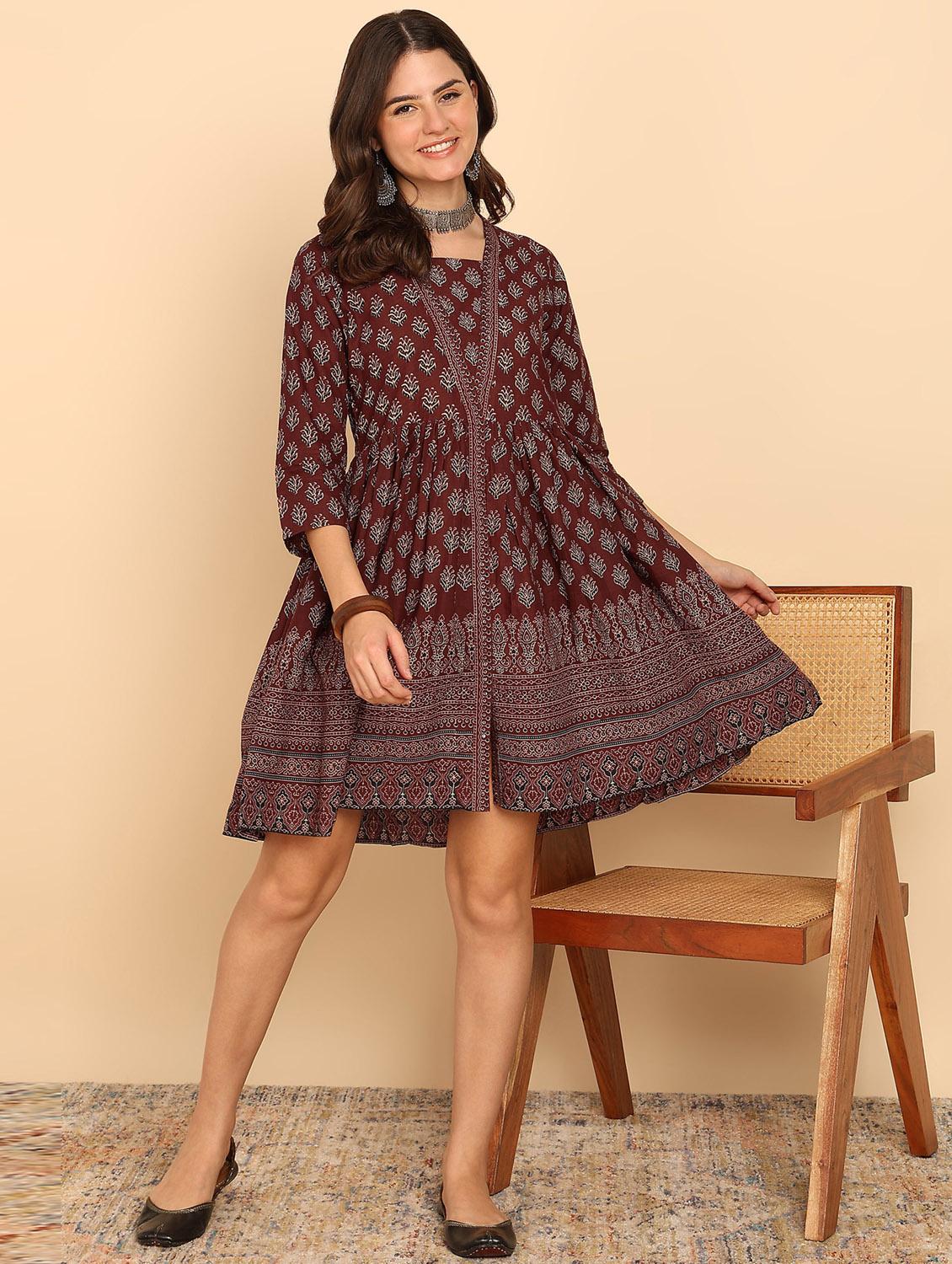 women maroon printed fit & flare ethnic dress