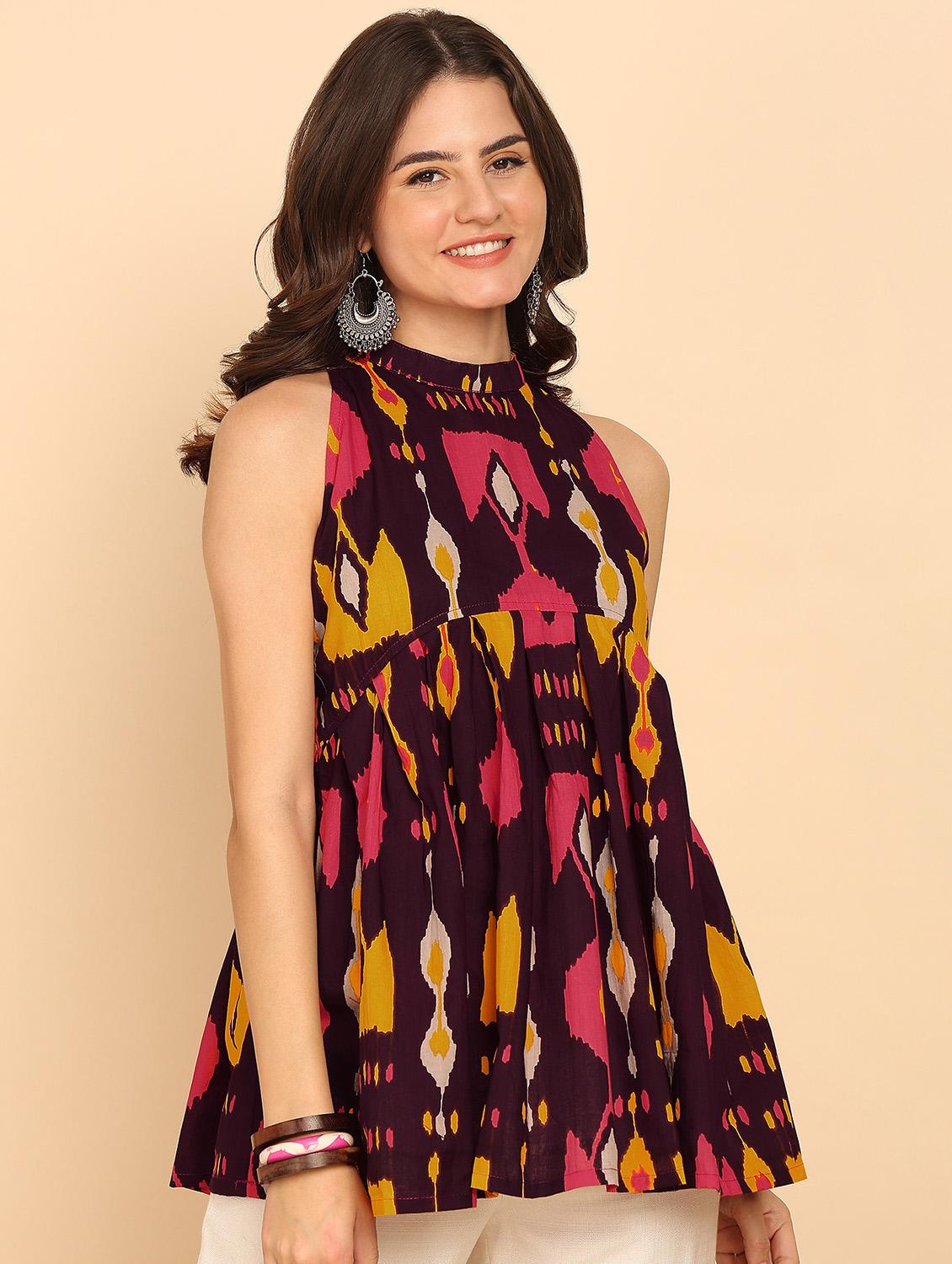 women printed sleeveless halter neck flared kurti - 21957949 - Standard Image - 2
