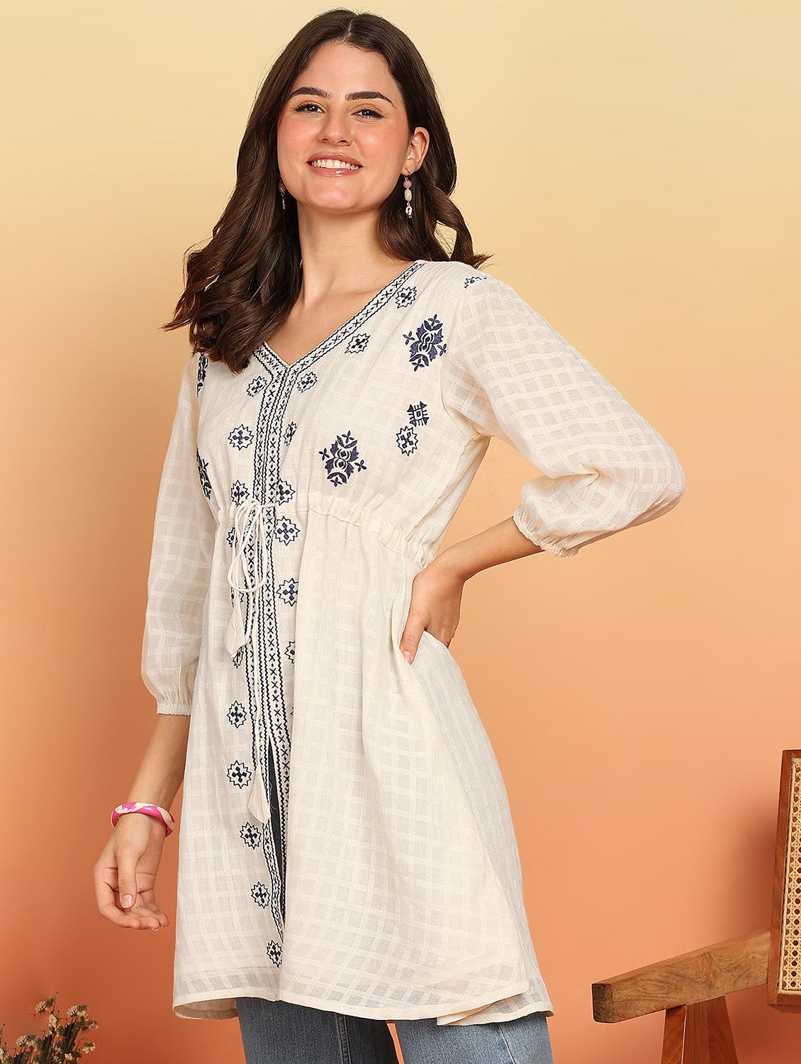 women white embroidered puff sleeve a-line kurti - 21957952 - Standard Image - 2