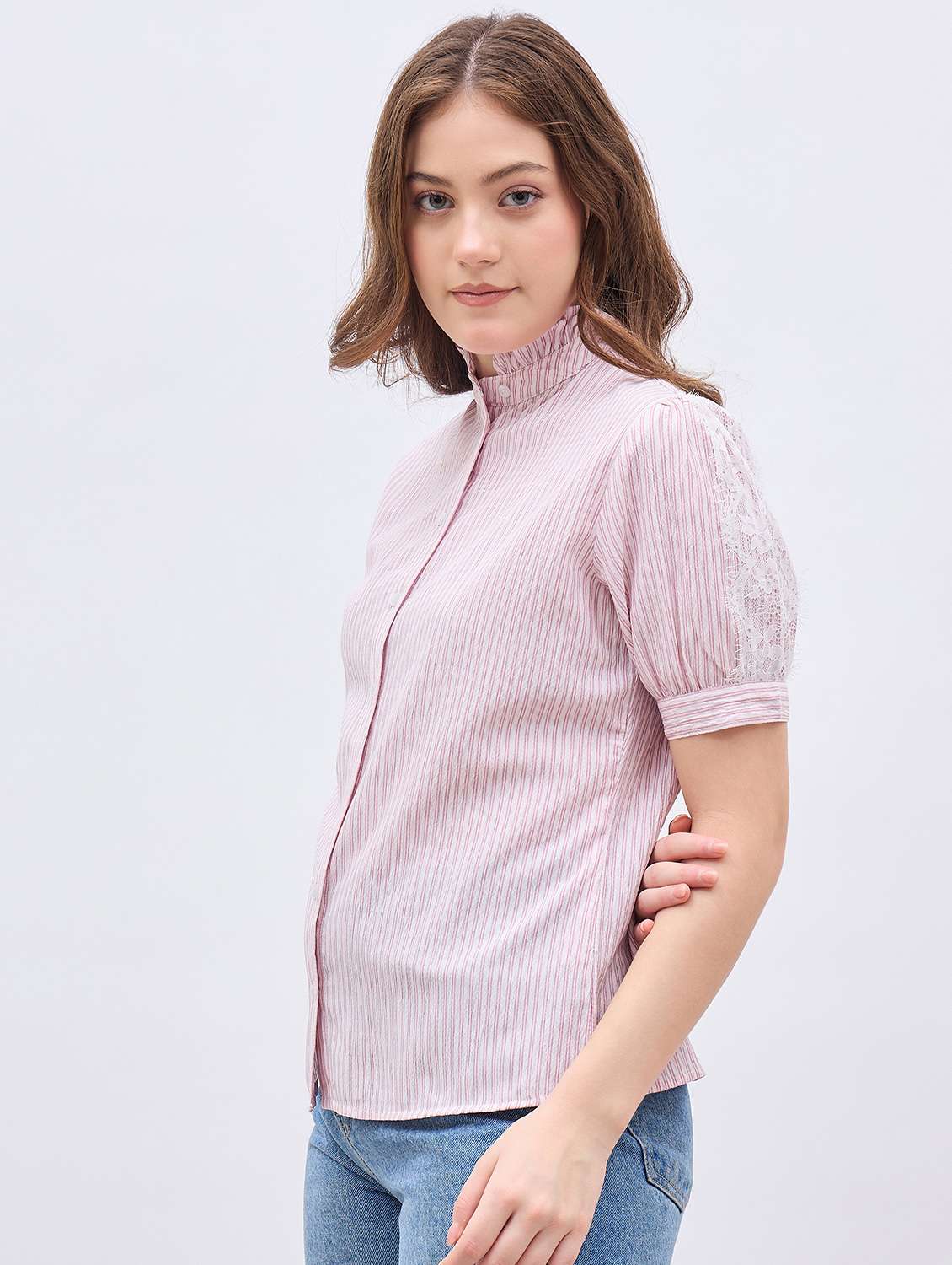women striped mandarin neck puff sleeve shirt - 21958015 -  Standard Image - 2