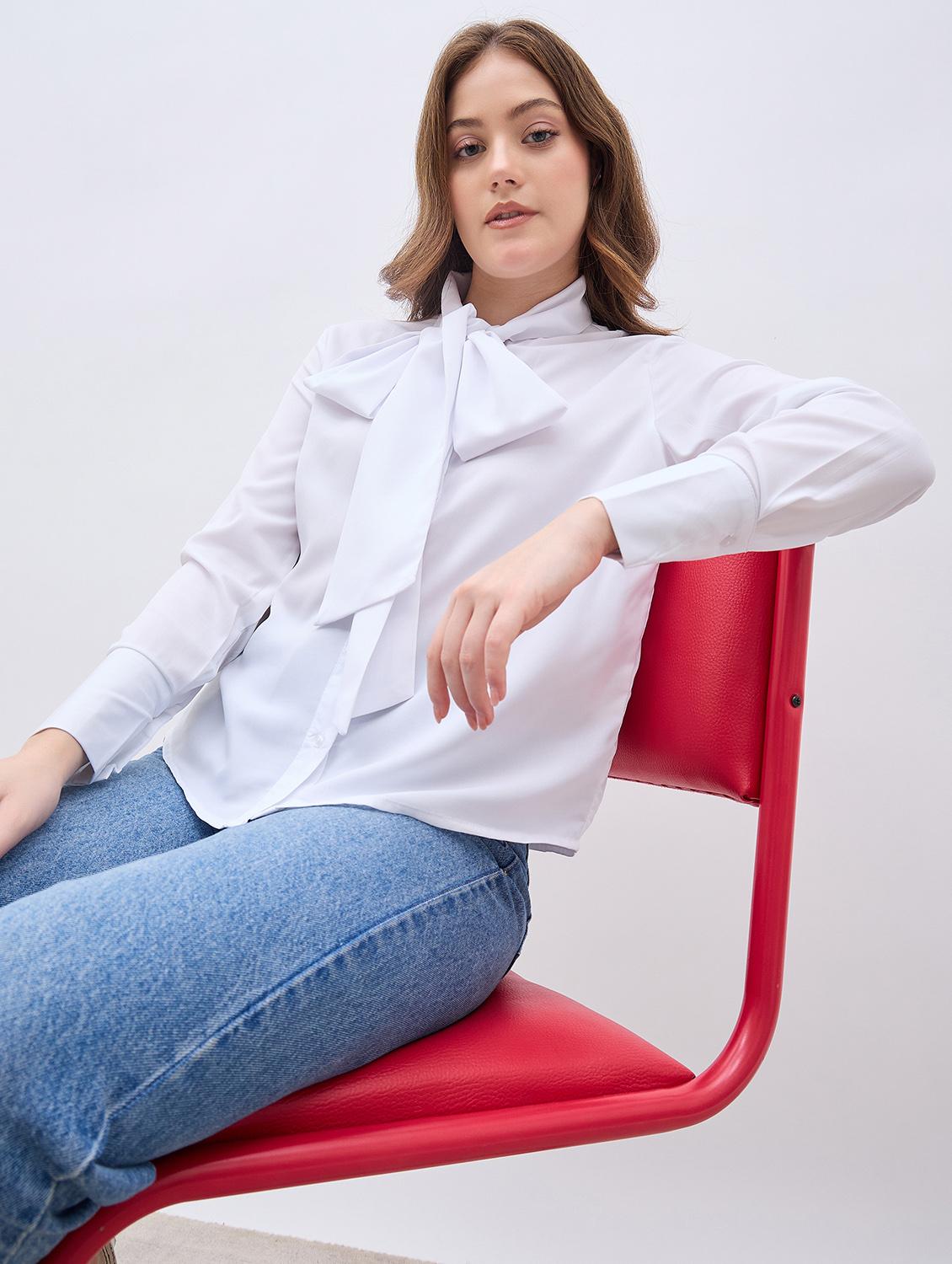 women white solid tie up neck long sleeve regular shirt
