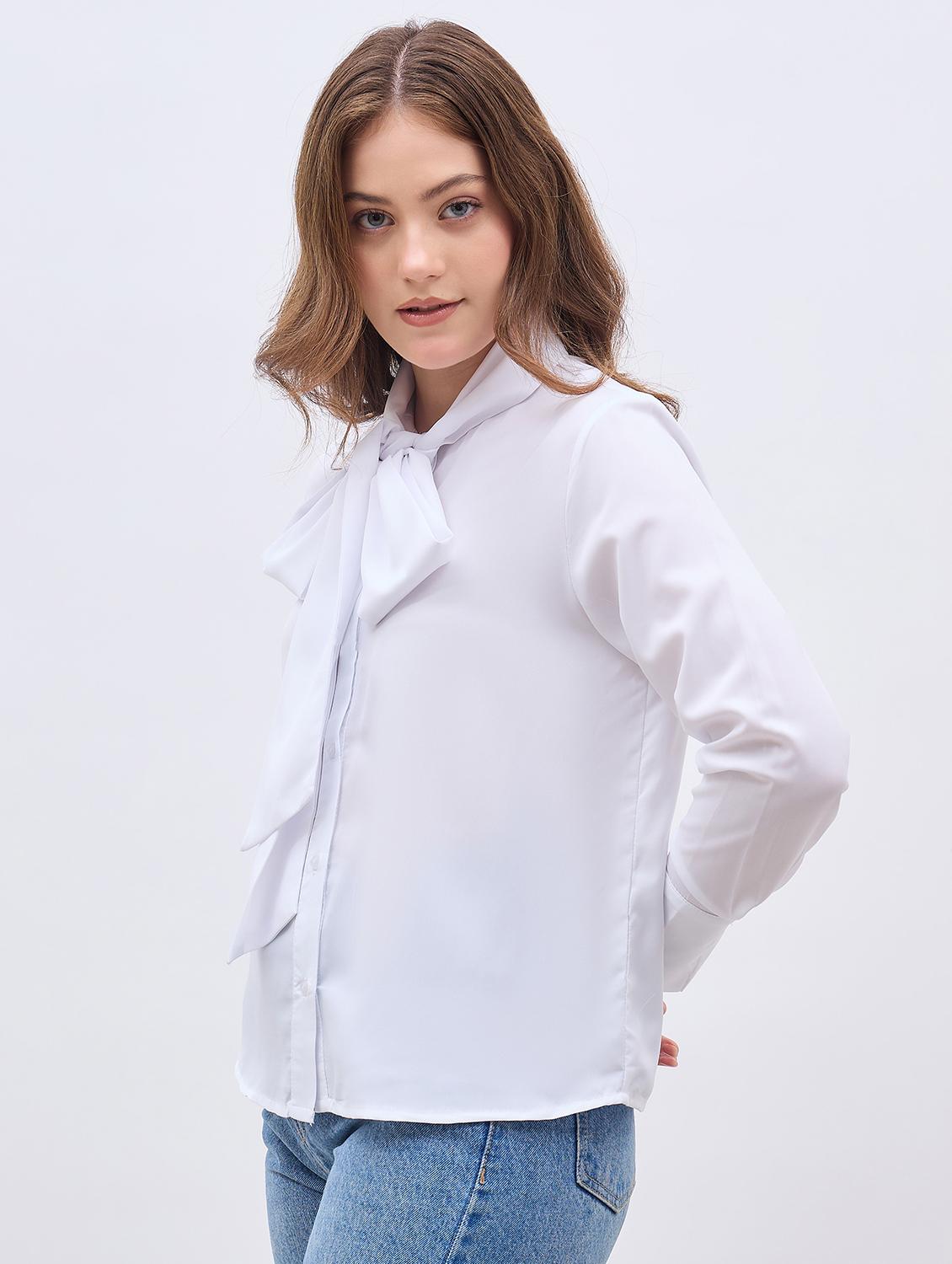 women white solid tie up neck long sleeve regular shirt - 21958020 - Standard Image - 2