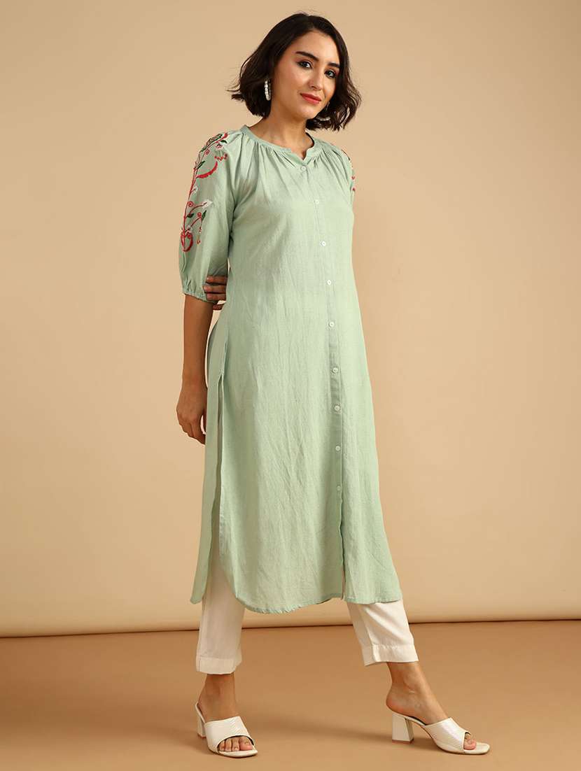 women embroidered three quarter sleeve straight kurta - 21958127 -  Standard Image - 2