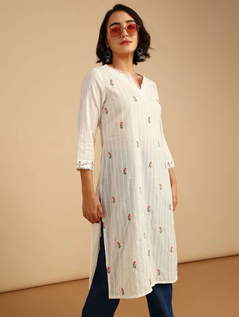women embroidered three quarter sleeve straight kurta