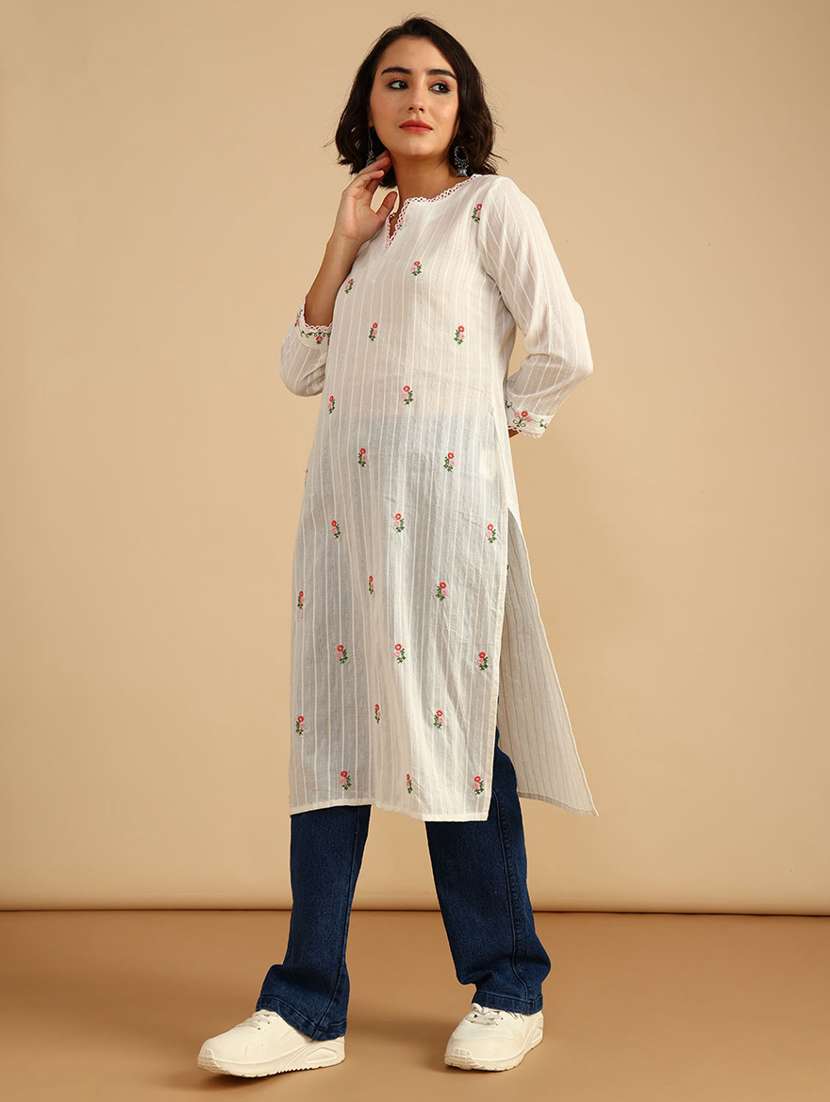 women embroidered three quarter sleeve straight kurta - 21958199 -  Standard Image - 2