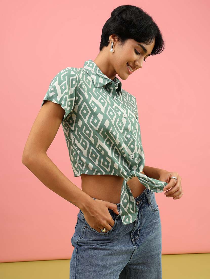 women printed collared short sleeve crop shirt - 21958229 -  Standard Image - 2
