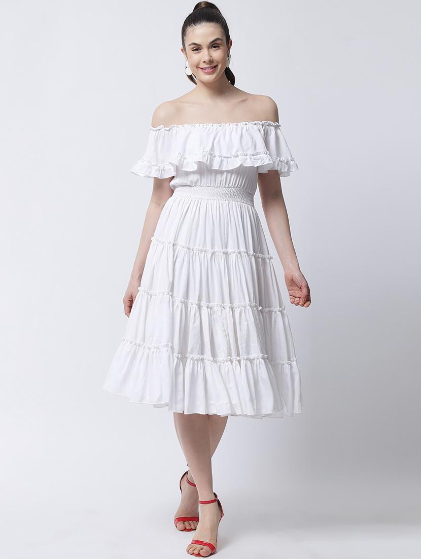 women white solid off shoulder tiered dress - 21958320 -  Zoom Image - 0