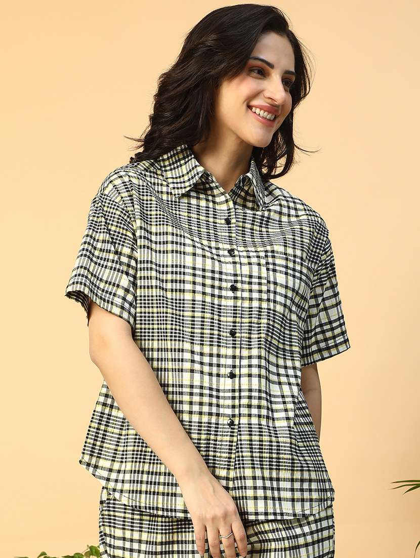 women checkered collared short sleeve regular shirt - 21958321 -  Zoom Image - 0