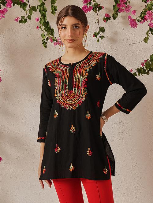 women chikankari three quarter sleeve straight kurti - 21958364 - Standard Image - 0