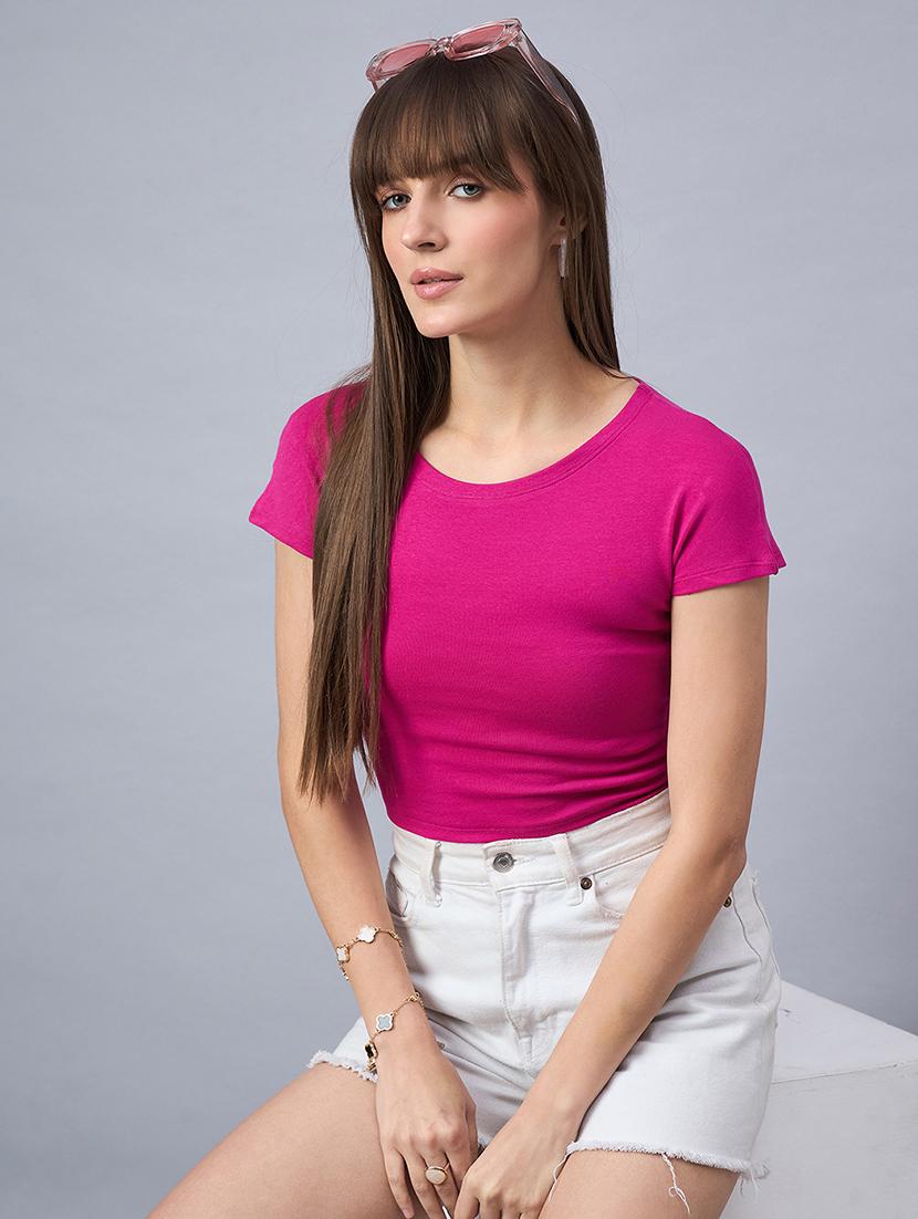 women solid short sleeve crop top
