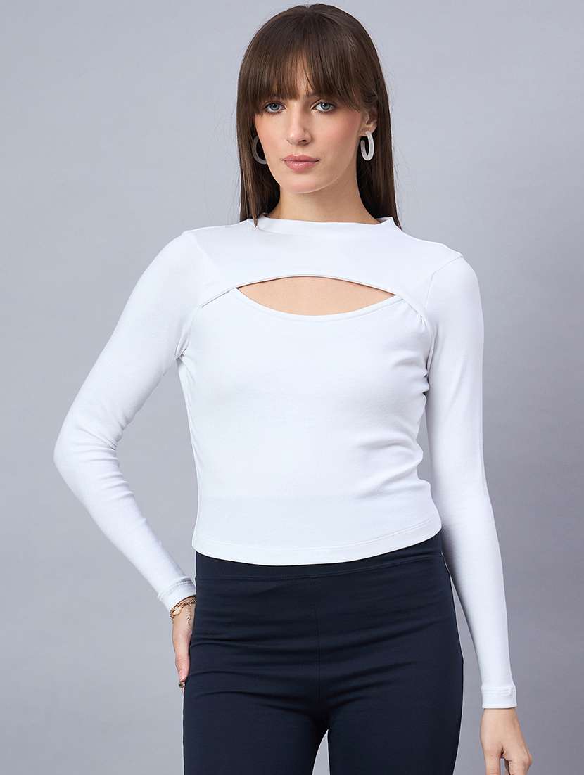 women solid long sleeve cut out crop top - 21958377 - Standard Image - 2