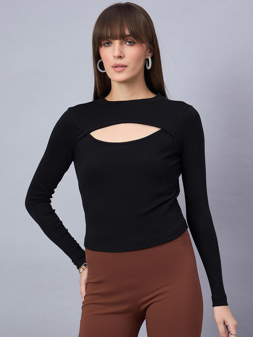 women solid long sleeve cut out crop top - 21958390 - Standard Image - 2