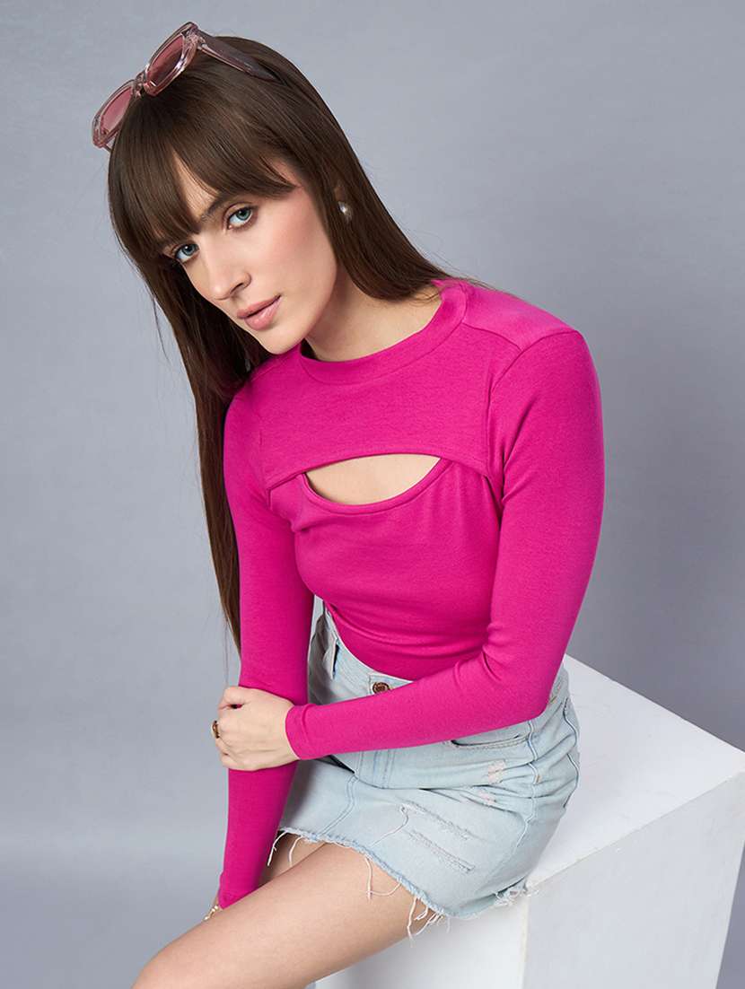 women solid long sleeve cut out crop top