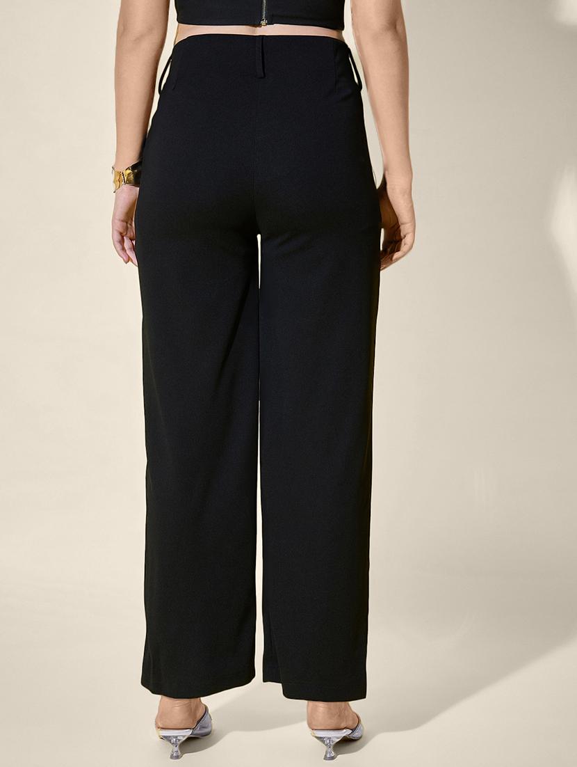 women black solid high rise straight trouser - 21958434 - Standard Image - 2