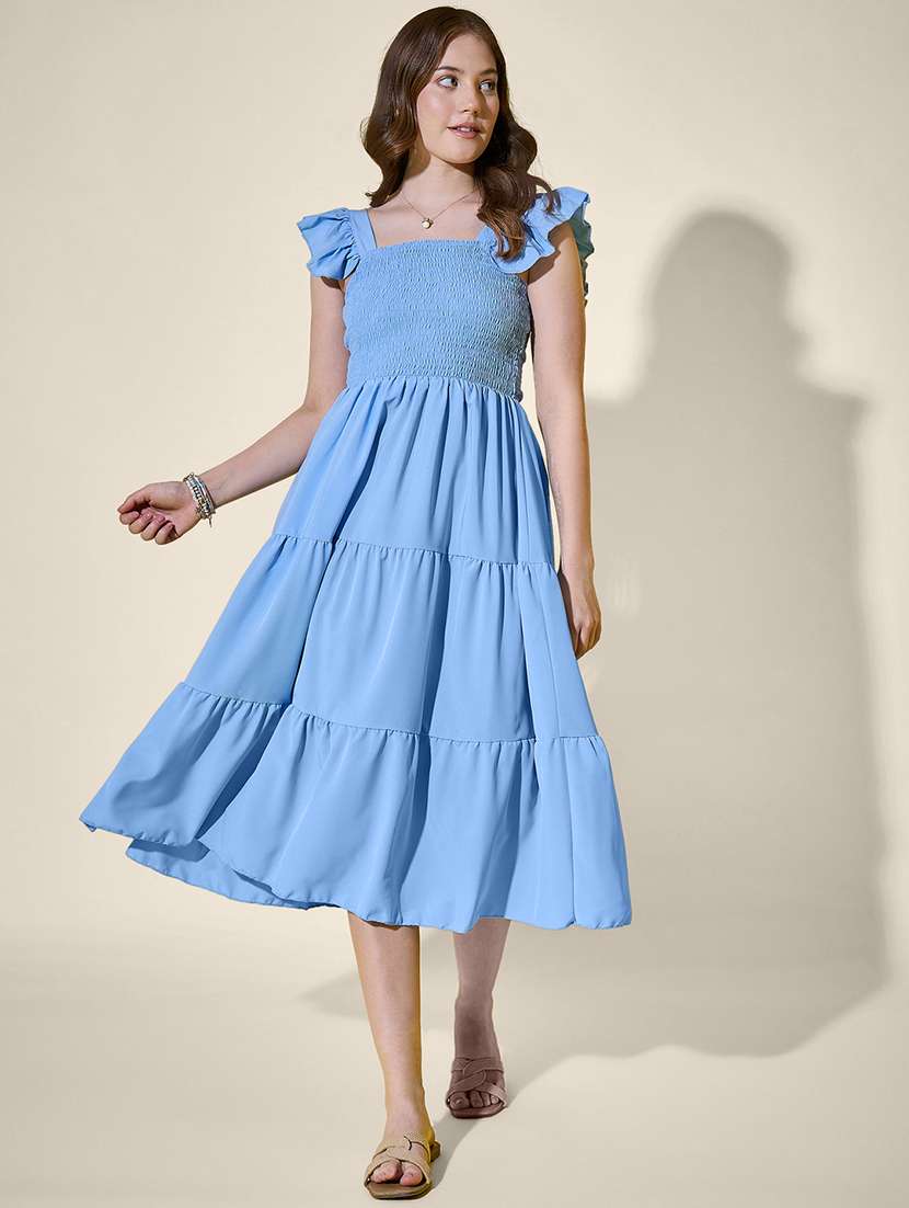 women solid ruffle sleeve tiered dress - 21958440 - Standard Image - 2