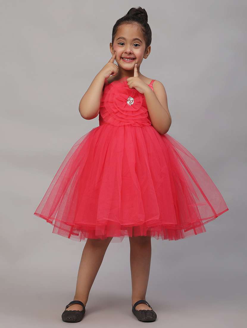 girls solid shoulder strap fit & flare dress - 21958469 -  Standard Image - 2