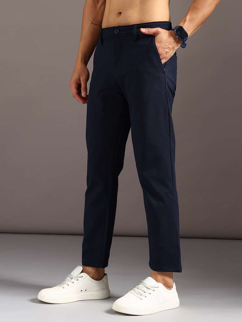 navy blue polyester blend flat front casual trousers - 21958982 -  Standard Image - 2